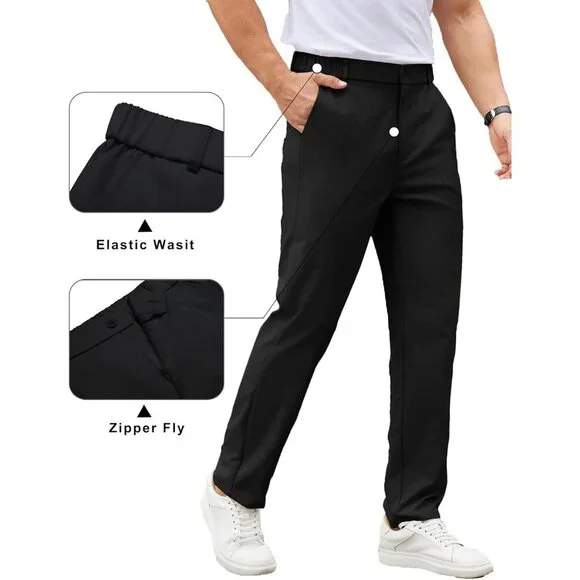 Coofandy Men Black Elastic Waist Business Dress Pants with Pockets